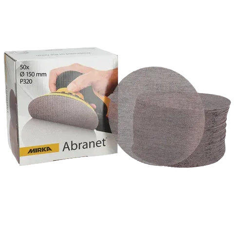 Mirka Abranet sanding disc packaging with discs on a white background