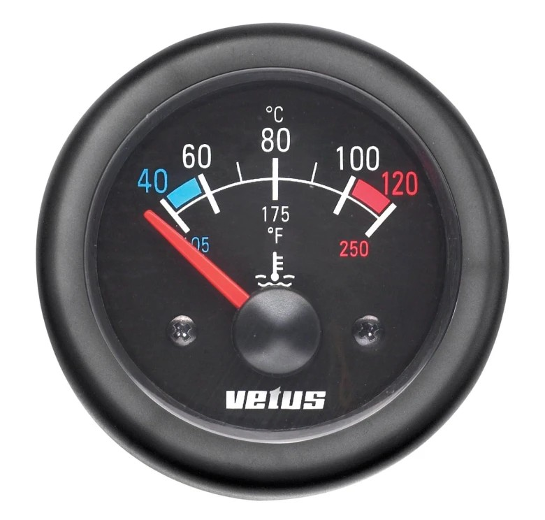 Vetus TEMP24B Water temperature gauge, black, 24 V (40-120°C), cut-out size Ø 52 mm (excl. sensor)