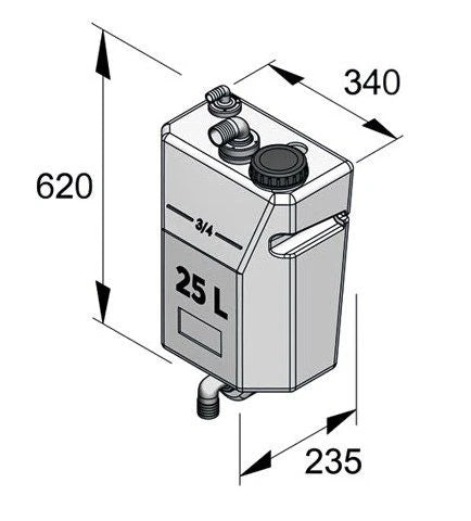 Bulkhead mounted waste water tank 25 L, complete (excl. inlet fitting)  WW25W