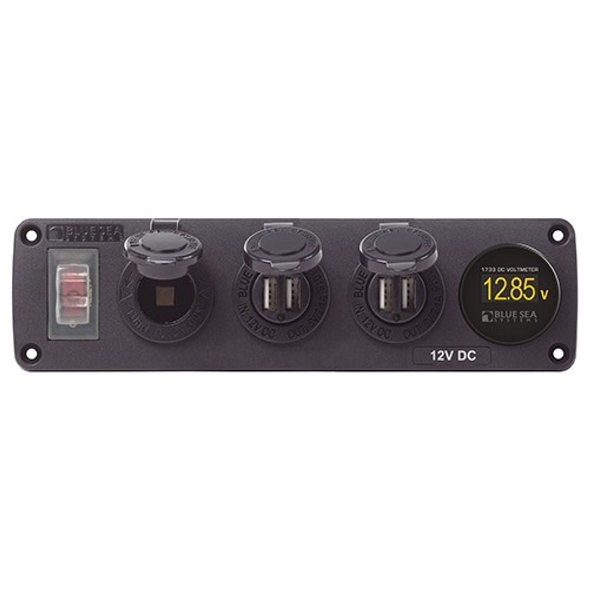 Blue Sea Accessory Panel 15A CB+ 2x USB+12V Socket + Voltmeter