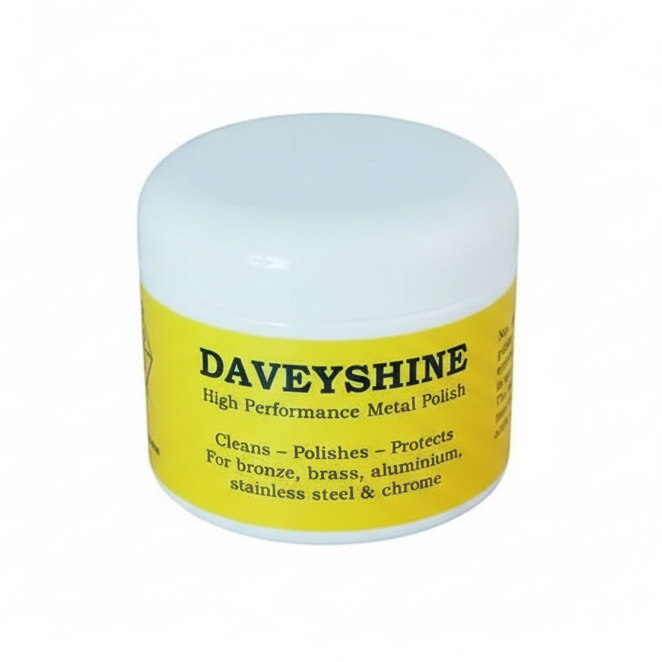 Jar of Daveyshine high performance metal polish on a white background