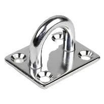 Metallic hook on a square plate with screws against a white background