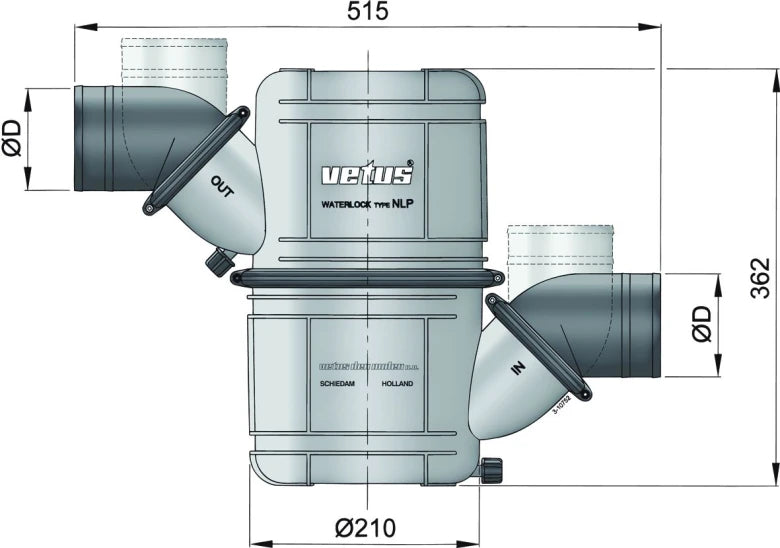 Rotatable waterlock/muffler type NLP90, with rotating inlet and outlet for Ã˜ 90 mm hose  NLP90