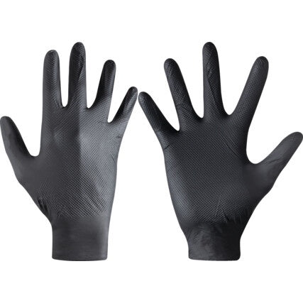 Halo Disposable Gloves, Diamond Grip, Black, Nitrile, Powder Free, Pack of 50, 8.3g